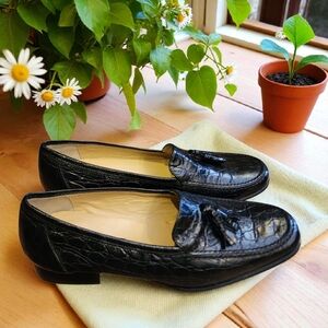 Sesto Meucci Crocodile Black Leather Loafers with Tassels Sz 6.5M EUC